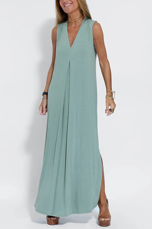 Damen Oversize Maxikleid – ärmelloses Kleid mit V-Ausschnitt
