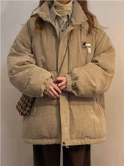 Damen Winter-Cordjacke mit Daunenfüllung und Kapuze