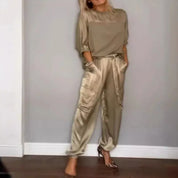 Damen Satin-Set – elegante Bluse mit High-Waist-Hose