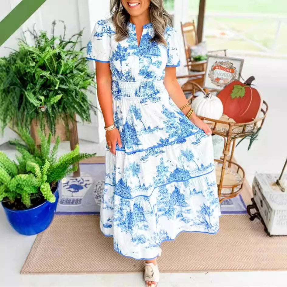 Damen Maxikleid mit V-Ausschnitt und Smok-Taille