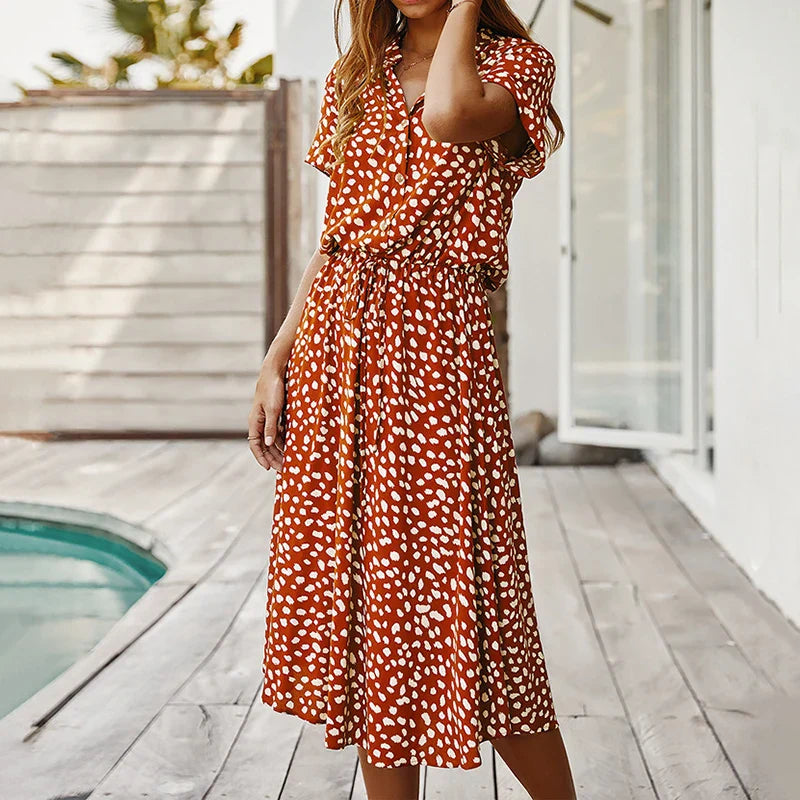 Damen Midi-Kleid mit feinem Muster – luftiges Kleid mit Taillenband und V-Ausschnitt