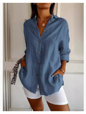 Damen Oversize Leinenbluse mit Knopfleiste und langen Ärmeln