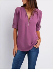 Damen Bluse mit V-Ausschnitt und Reißverschluss – elegante Bluse mit 3/4-Arm