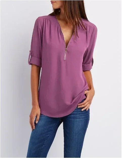 Damen Bluse mit V-Ausschnitt und Reißverschluss – elegante Bluse mit 3/4-Arm