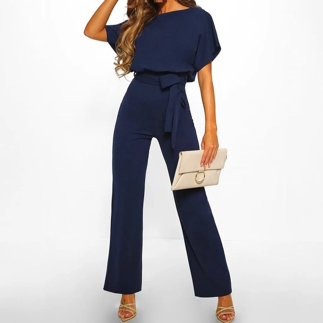 Damen Jumpsuit mit weiten Beinen und Bindegürtel – eleganter Kurzarm-Overall
