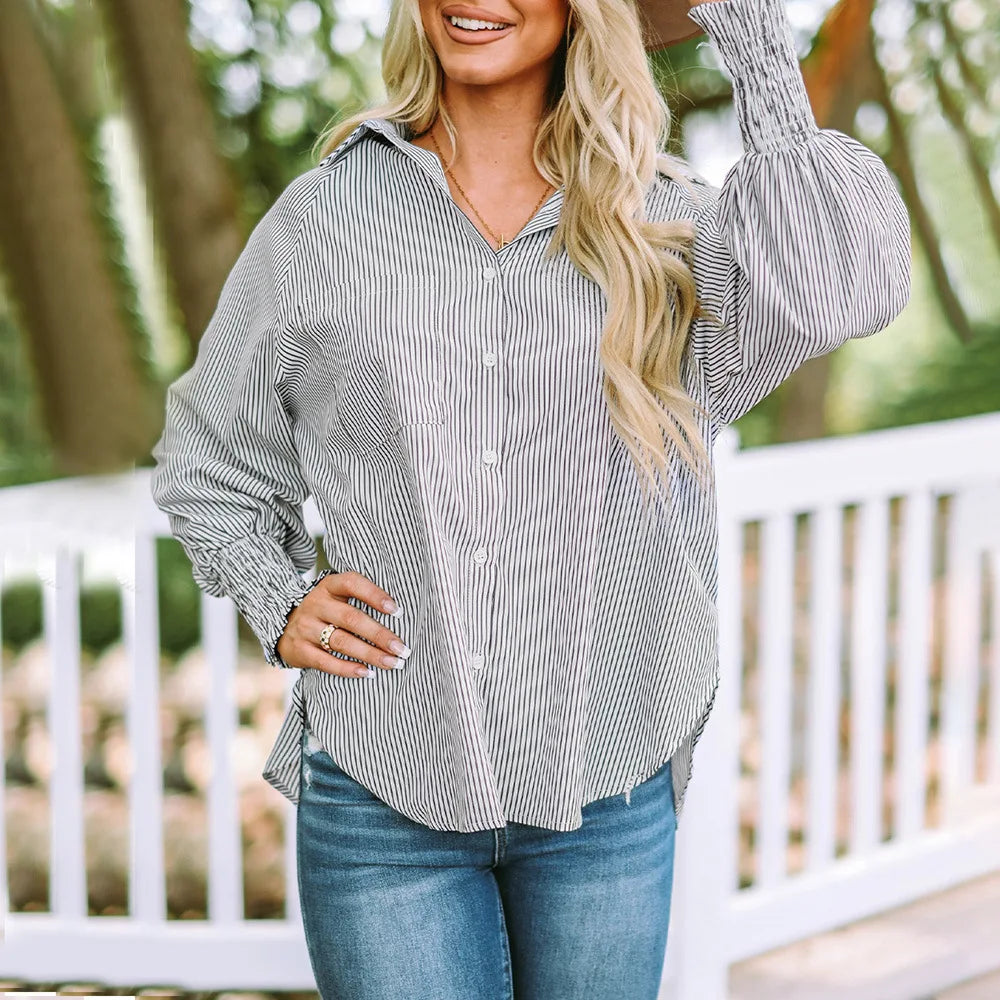 Damen Oversize Bluse mit Streifen – lockere Langarmbluse mit Hemdkragen