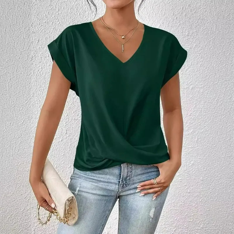 Damen Bluse mit V-Ausschnitt und Raffung – Elegantes Top mit Kurzarm
