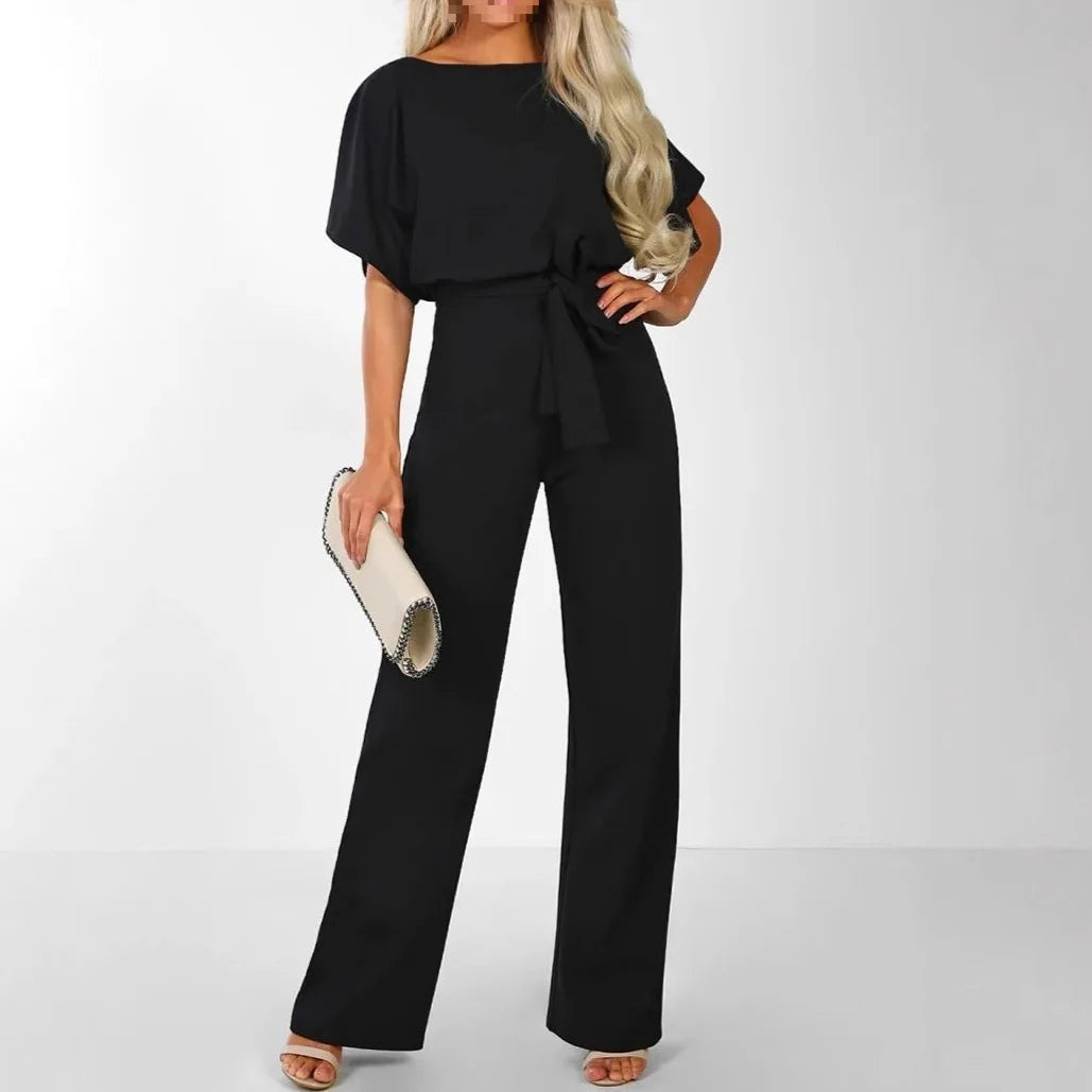 Damen Jumpsuit mit weiten Beinen und Bindegürtel – eleganter Kurzarm-Overall