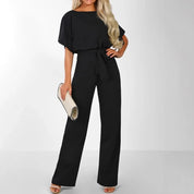 Damen Jumpsuit mit weiten Beinen und Bindegürtel – eleganter Kurzarm-Overall