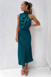 Damen Satin-Midikleid mit Neckholder-Ausschnitt – Elegant, figurbetont, für den Abend