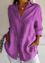 Damen Oversize Leinenbluse mit Knopfleiste und langen Ärmeln