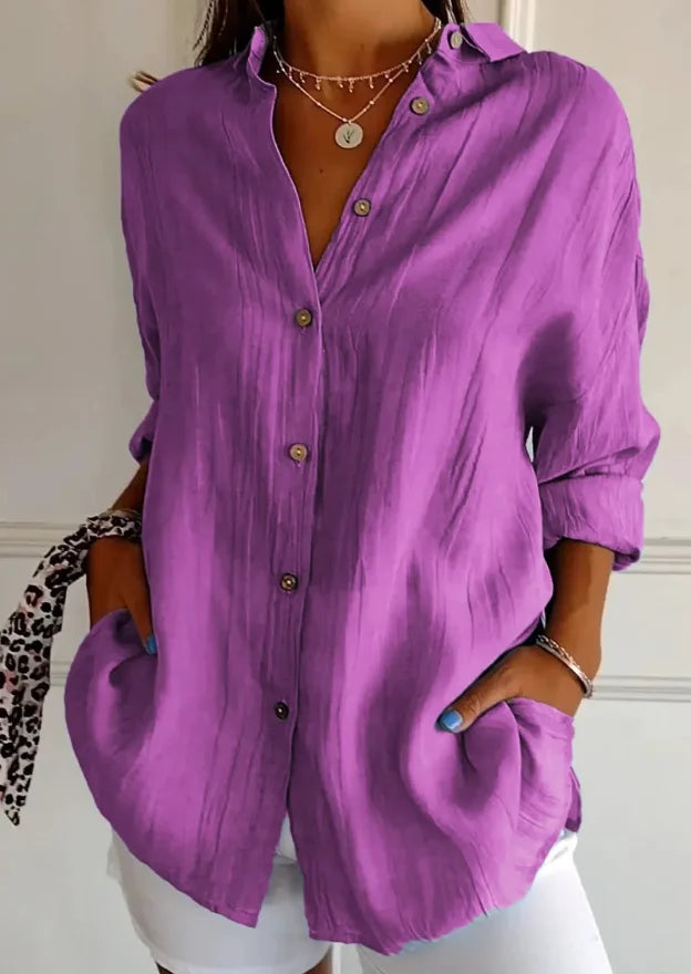 Damen Oversize Leinenbluse mit Knopfleiste und langen Ärmeln