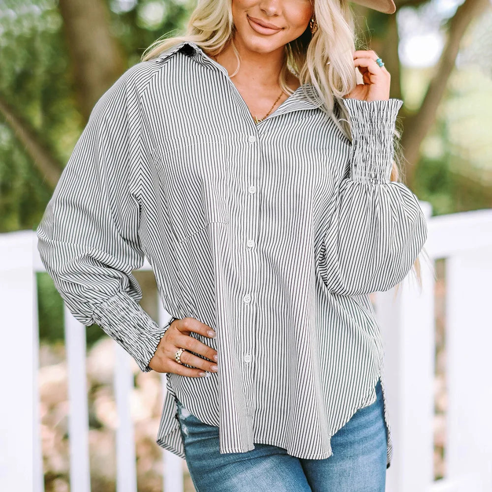 Damen Oversize Bluse mit Streifen – lockere Langarmbluse mit Hemdkragen
