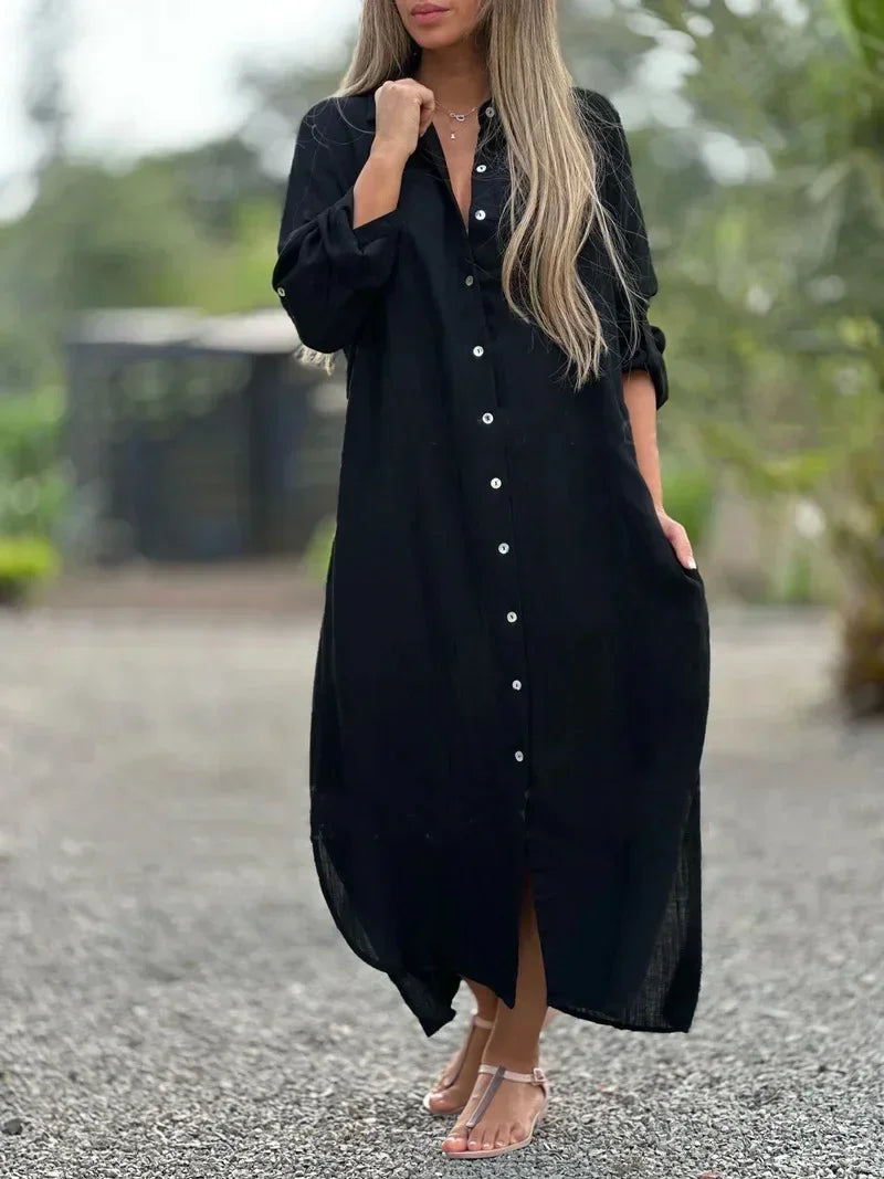 Damen Maxi-Hemdblusenkleid mit Knopfleiste und Taschen