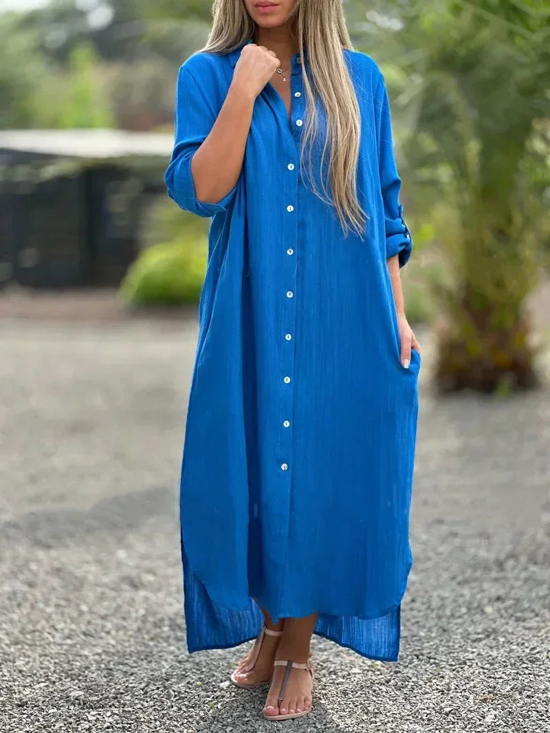 Damen Maxi-Hemdblusenkleid mit Knopfleiste und Taschen