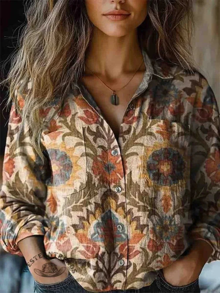 Damen Boho-Bluse mit Blumenmuster und langen Ärmeln