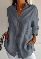 Damen Oversize Leinenbluse mit Knopfleiste und langen Ärmeln