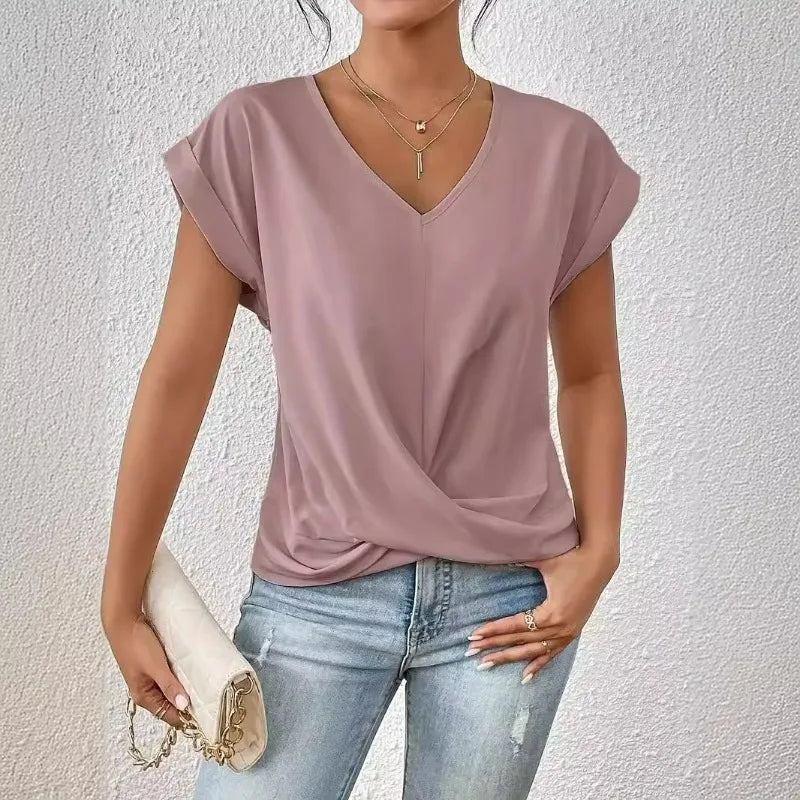 Damen Bluse mit V-Ausschnitt und Raffung – Elegantes Top mit Kurzarm