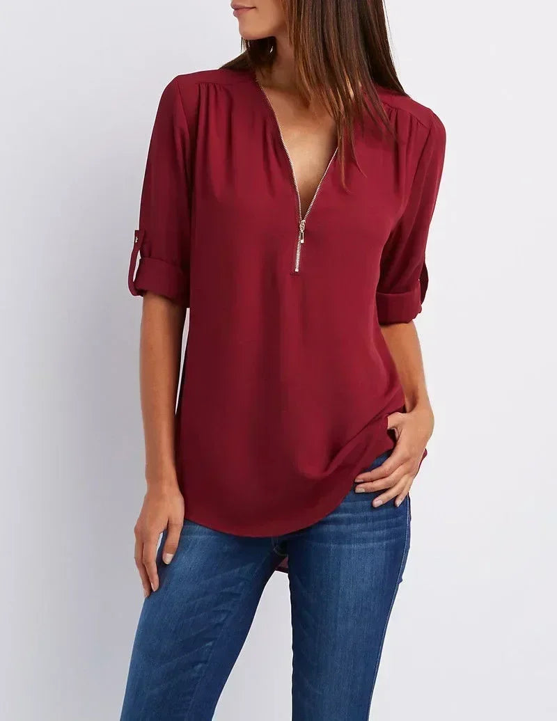 Damen Bluse mit V-Ausschnitt und Reißverschluss – elegante Bluse mit 3/4-Arm