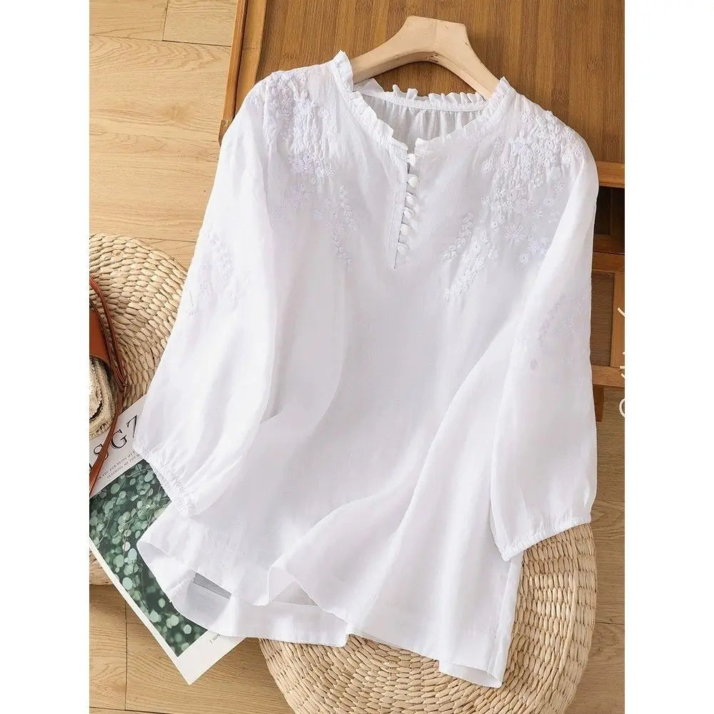 Damen Bluse mit Stickerei und Knopfleiste