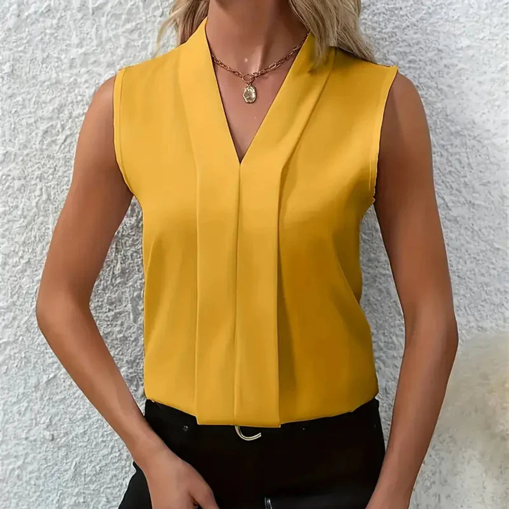 Damen Ärmellose Bluse mit V-Ausschnitt und Stehkragen