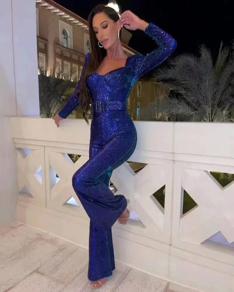 Damen-Jumpsuit mit langen Ärmeln und Paillettenbesatz
