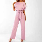 Damen Jumpsuit mit weiten Beinen und Bindegürtel – eleganter Kurzarm-Overall
