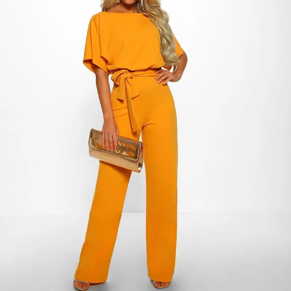 Damen Jumpsuit mit weiten Beinen und Bindegürtel – eleganter Kurzarm-Overall