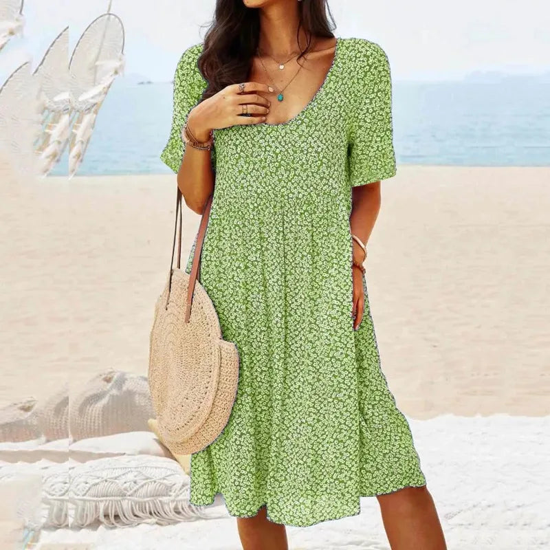 Damen Sommerkleid mit V-Ausschnitt und Taschen – leichtes Midi-Kleid in Loose-Fit