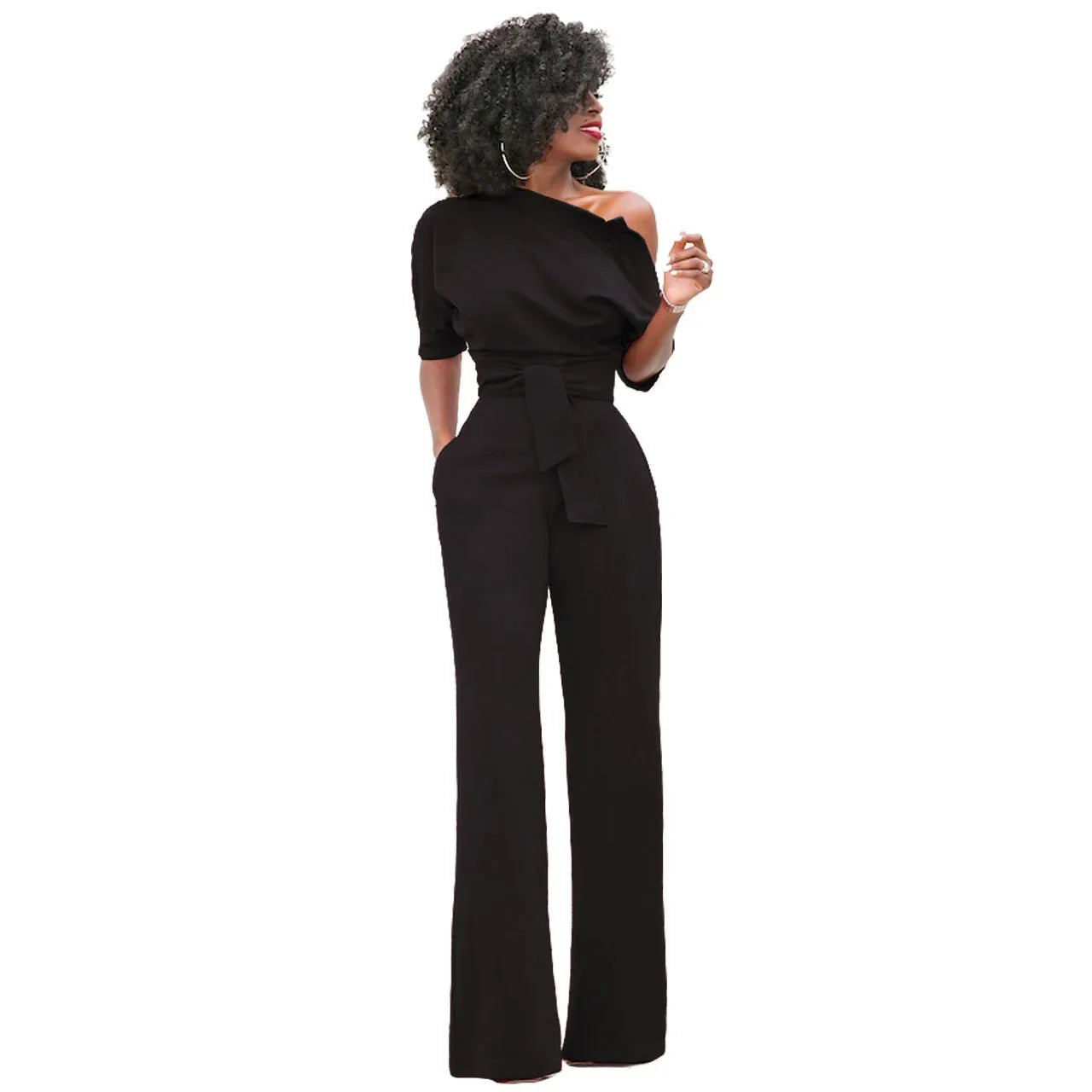 Eleganter Damen-Jumpsuit mit asymmetrischem Ausschnitt und Taillengürtel