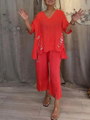 Damen Leinen-Set 2-teilig – Oversize-Tunika mit V-Ausschnitt und weite Hose