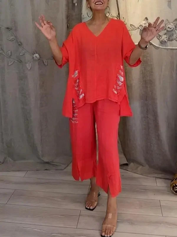 Damen Leinen-Set 2-teilig – Oversize-Tunika mit V-Ausschnitt und weite Hose