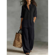 Damen Leinenset 2-teilig – Oversize-Bluse und Weithose mit hohem Bund