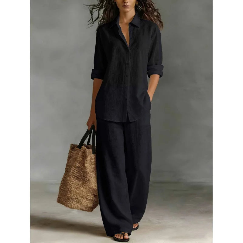 Damen Leinenset 2-teilig – Oversize-Bluse und Weithose mit hohem Bund