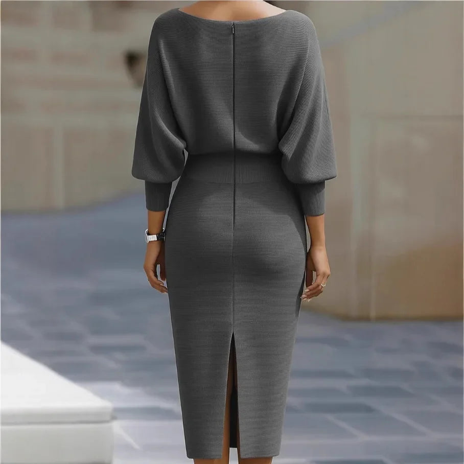 Damen Strickkleid Midi mit V-Ausschnitt – Elegantes Figurbetontes Kleid mit 3/4-Ärmel