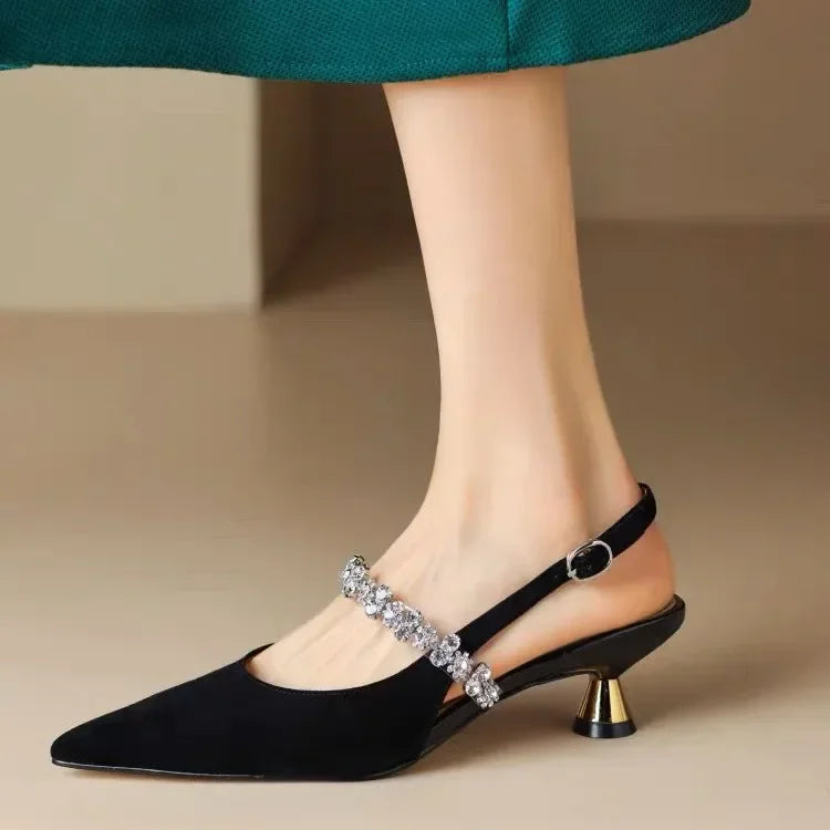 Damen Slingback-Pumps mit Strasssteinen – Elegante Spitzzehn-Schuhe