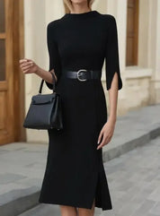 Elegantes Damen Midi-Kleid mit Gürtel und Stehkragen – Festliches Kleid mit geschlitzten Ärmeln