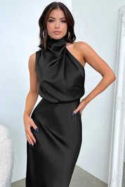 Damen Satin-Midikleid mit Neckholder-Ausschnitt – Elegant, figurbetont, für den Abend