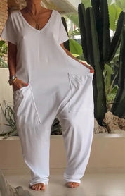 Damen Oversize Jumpsuit mit Taschen und V-Ausschnitt