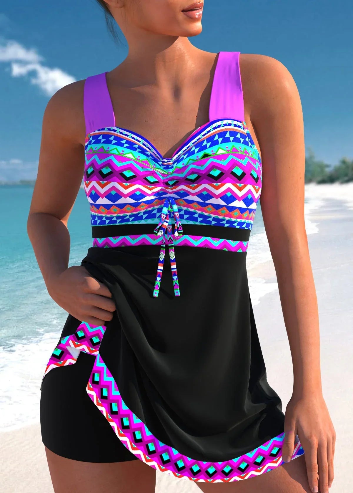 Damen Badeanzugkleid mit Shorts – figurformend mit verstellbarem Bustier