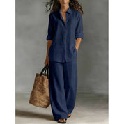 Damen Leinenset 2-teilig – Oversize-Bluse und Weithose mit hohem Bund