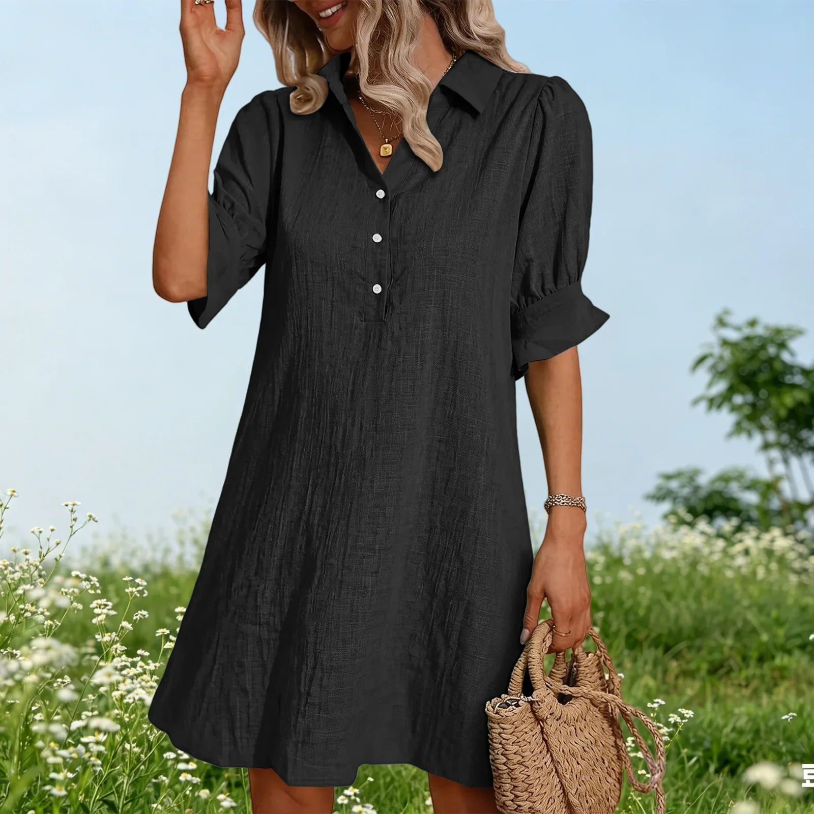 Damen Hemdblusenkleid A-Linie mit Kragen und Taschen