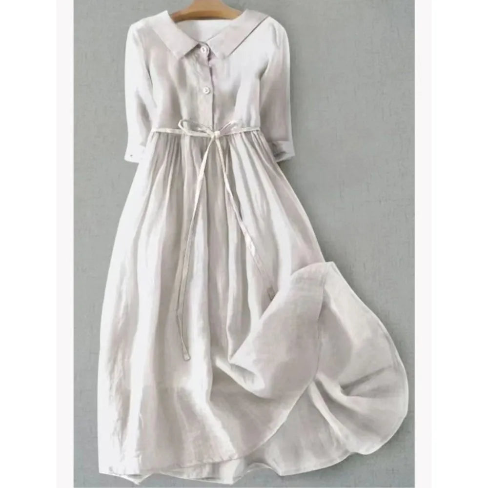 Damen Midi-Kleid mit Kragen und Bindegürtel