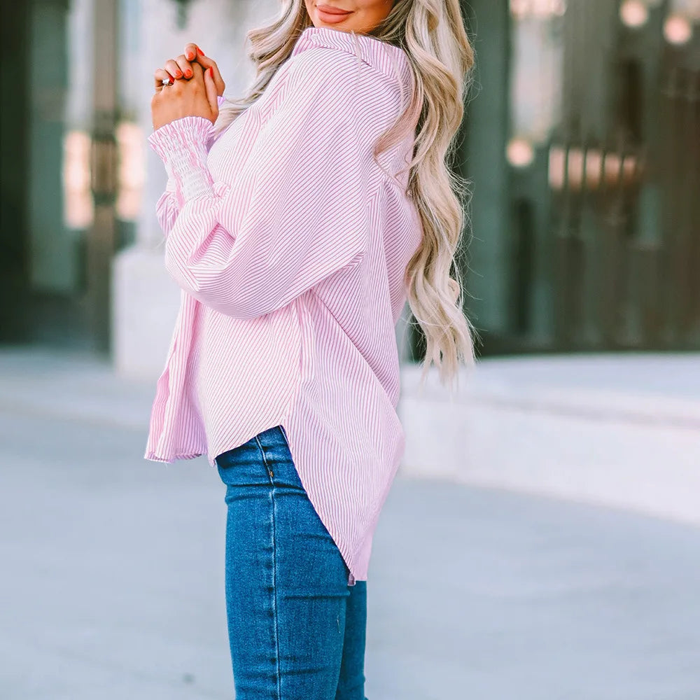 Damen Oversize Bluse mit Streifen – lockere Langarmbluse mit Hemdkragen