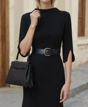 Elegantes Damen Midi-Kleid mit Gürtel und Stehkragen – Festliches Kleid mit geschlitzten Ärmeln