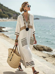 Damen Kaftan Maxikleid mit V-Ausschnitt und Taschen – luftiges Strandkleid
