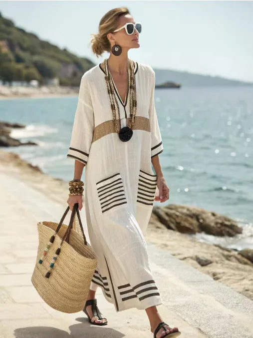 Damen Kaftan Maxikleid mit V-Ausschnitt und Taschen – luftiges Strandkleid
