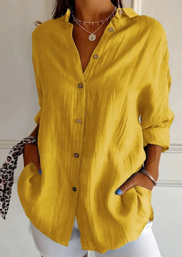 Damen Oversize Leinenbluse mit Knopfleiste und langen Ärmeln