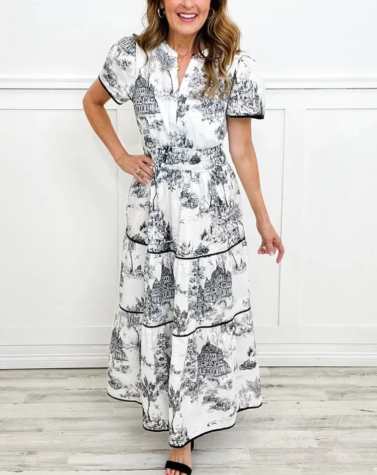 Damen Maxikleid mit V-Ausschnitt und Smok-Taille