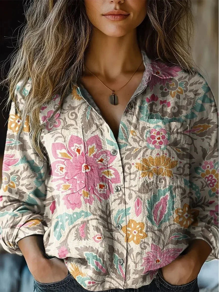 Damen Boho-Bluse mit Blumenmuster und langen Ärmeln